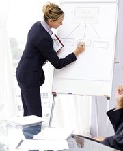 Mujer haciendo una presentación en una oficina, escribiendo en una pizarra con dos personas mirando.