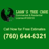 Laan's Tree Care logo with contact number for estimates: (760) 644-6321.