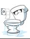 Cartoon toilet overflowing with water, looking frustrated; toilet paper roll on wall.