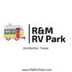 Illustration of RV beside "R&M RV Park," Jourdanton, Texas. Website: RMRVPark.com.