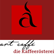 Logo von "art caffè – die Kaffeerösterei" mit stilisiertem schwarzem "a" auf rotem Hintergrund.