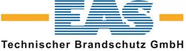 Logo der EAS Technischer Brandschutz GmbH mit blauen Streifen und gelben Linien.