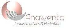 Logo van Anawenta, juridische dienstverlening en mediation, met abstracte vormen in roze en grijs.