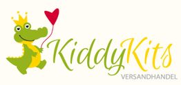 Illustration: Grünes Krokodil mit Krone, hält Luftballon. Text: "KiddyKits Versandhandel".