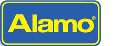 Logo de Alamo rent a car, con texto amarillo sobre un fondo azul.