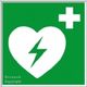Herzsymbol mit Blitz und einem Kreuz auf grünem Hintergrund, symbolisiert einen Defibrillator.