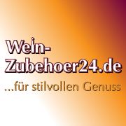 Auf orange-weißem Hintergrund steht "Wein-Zubehoer24.de ...für stilvollen Genuss".