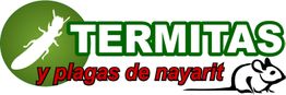 Logo de "Termitas y plagas de Nayarit" con insecto y ratón sobre fondo blanco.