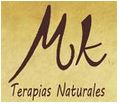 Logo de "Mk Terapias Naturales" en fondo beige con texto en marrón oscuro.