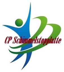 Abstrakte Figur in Blau-Grün mit Text "CP Schimmelstopplatte" in Rot.