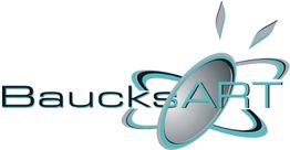 Logo mit Schriftzug "BaucksART" in Schwarz-Türkis und stilisiertes, umrandetes Oval.