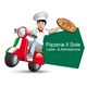 Cartoon-Pizzabote auf Roller hält Pizza, Text: "Pizzeria Il Sole, Liefer- & Abholservice".