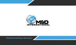 Logo von M&D International mit Weltkugel und Slogan "Global Consulting & Solutions".