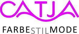 CATJA Logo in Pink mit Aufschrift "FARBE STIL MODE" in Schwarz und Grau.