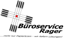 Logo von Büroservice Rager mit schwarzem Text und geometrischem Design in Schwarz und Rot.