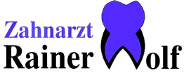 Zahnärztelogo mit blauem Zahn und dem Text "Zahnarzt Rainer Wolf".
