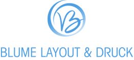 Blaues Logo mit VB-Kreis und Text: „Blume Layout & Druck“.