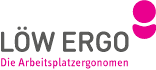 Logo von LÖW ERGO mit Text "Die Arbeitsplatzergonomen" und rosa grafische Elemente.