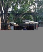 Imagem de um café ao ar livre com guarda-sóis, cercado por árvores e prédios ao fundo.