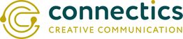 Logo von Connectics mit grünem Schriftzug und gelbem Symbol. Text: "Creative Communication".