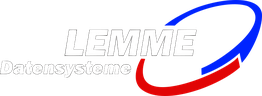 Logo mit Text "LEMME Datensysteme" und ovalem, zweifarbigen Bogen in Rot und Blau.