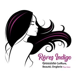 Silhouette de femme avec cheveux longs et texte "Rêves Indigo, Grossiste Coiffure, Beauté, Onglerie".