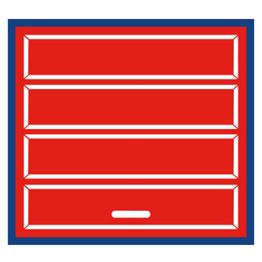 Red toolbox with four drawers, outlined in blue, featuring a white handle.