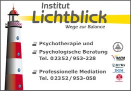Institut Lichtblick: Psychotherapie, Beratung, Mediation mit Leuchtturm und Logos, Kontaktdaten.