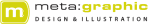 Logo mit Text "meta:graphic DESIGN & ILLUSTRATION", links ein grünes Quadrat mit einem weißen "m".