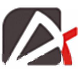 Logo abstracto en marrón y rojo con forma de "A" y detalle rojo a la derecha.