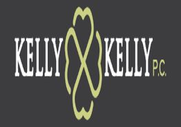"Kelly & Kelly P.C. logo with stylized design between the names on a dark background."