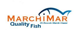 Logo con scritta "MarchiMar Quality Fish", disegno di pesce blu e testo aggiuntivo "Di Boscolo Marchi Gianni".