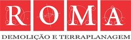 Logo vermelho com a inscrição "ROMA Demolição e Terraplanagem" em branco.