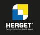 Logo von HERGET mit geometrischen Formen in Blau, Gelb, Weiß. Text: "Design für Boden, Bad & Wand".