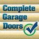 Text reads "Complete Garage Doors" on wooden background with a green checkmark.