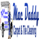 "Illustration of 'Mac Daddy Carpet & Tile Cleaning' logo with a cleaning van and mascot."