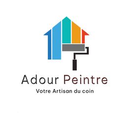 Logo minimaliste d'Adour Peintre avec maison colorée et rouleau à peinture.