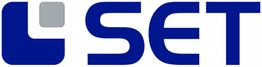Logo mit blauem Text "SET" und einem grauen Quadrat, das halb von einem blauen Feld umschlossen ist.