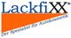 Logo von LackfiXX, einem Spezialisten für Autokosmetik, mit orangem diagonalen Streifen.
