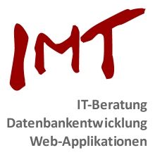 Logo mit rotem "IMT" und Text: "IT-Beratung, Datenbankentwicklung, Web-Applikationen".