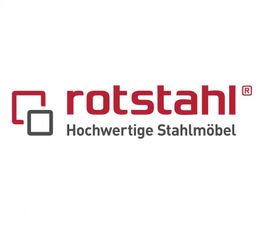 Logo von Rotstahl mit Text: "Hochwertige Stahlmöbel". Minimalistisches Design in Rot und Grau.