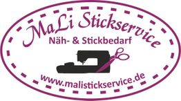 Logo mit Nähmaschine, Schere und Text: "MaLi Stickservice, Näh- & Stickbedarf".