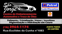 Cartão de visita São Jorge com serviços automotivos, endereço e telefones. Aceita todos os cartões.