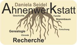Textgrafik mit "Ahnenwerkstatt", baumähnlichen Wurzeln und Wörtern wie Genealogie und Recherche.