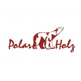 Weißer Bär über rotem Schriftzug "Polar Holz" auf weißem Hintergrund.