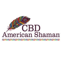Colorful feather logo of CBD American Shaman with decorative pattern underneath.