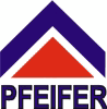 Firmenlogo mit violetter und roter Dreiecksform, darunter der Text "PFEIFER".