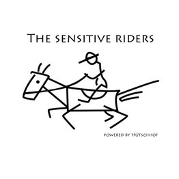 Ein Strichmännchen reitet ein Pferd, Text: "The sensitive riders, powered by HÜTSCHHOF".