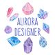 Colorful geometric crystals encircle "Aurora Designer" text.