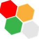 Quattro esagoni colorati: rosso, arancione, bianco e verde, disposti a formare un fiore.